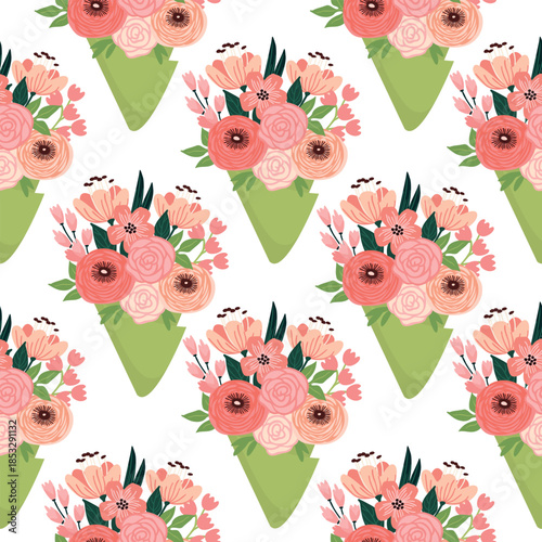 Flower bouquet seamless pattern. Floral arrangement of buds and leaves of various shapes. Pink, red and green colors on a white background. Festive botanical print on fabric and paper. Vector design.