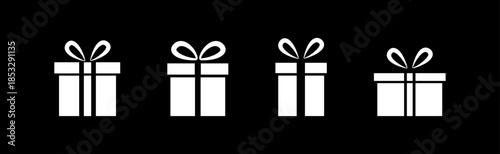 White gift box icons on black background, Present Symbol Set, Surprise Package Graphic, Birthday Gift UI Element, Holiday Celebration Vector, Vector illustration.