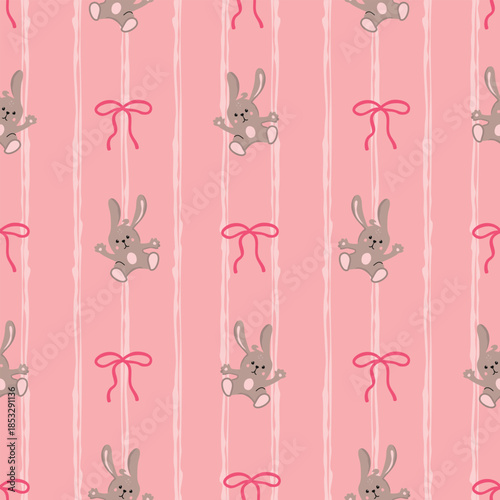 Little bunny seamless pattern. Funny cartoon leveret on a pink background with vertical jagged lines and bows. Cute childish print on fabric and paper. Vector design for textile, endless wallpaper.
