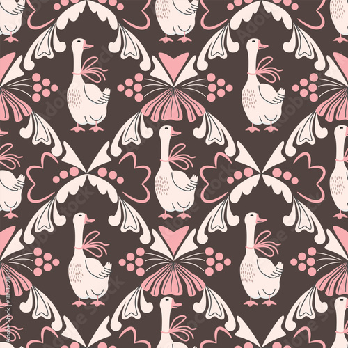 Goose with a bow seamless pattern. Cute animal character and abstract floral  composition in a diamond shape. Pink and white colors on grey background. Vector decorative print on fabric and paper.  