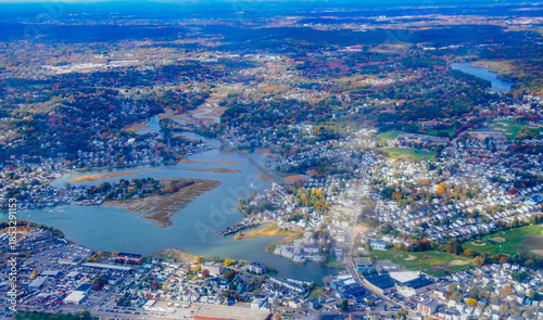 Fotografie Aerial view of Boston Bay area and airport fall foliage landscape