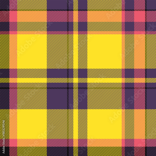 Multicolor seamless textile check, tone vector background texture. Package pattern tartan fabric plaid in yellow and violet colors.
