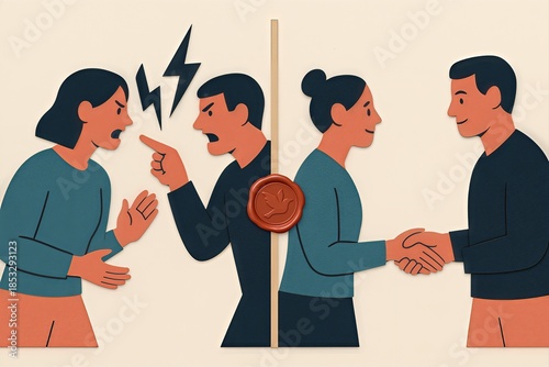 Conflict resolution strategies depicted through contrasting emotional expressions fostering dialogue and understanding amidst interpersonal disputes, promoting collaborative outcomes