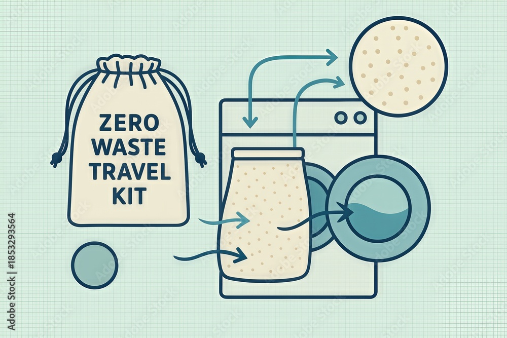 Naklejka premium Zero Waste Travel Kit for Eco Conscious Explorers Promoting Sustainable Living and Environmental Awareness Through Minimalist Packing Solutions