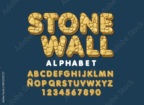 Stone wall vector alphabet, clip art of letters and numbers, rough texture, detailed and realistic