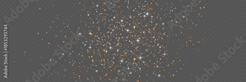 Glitter particles on transparent background. Gold and silver dust with sparkling stars. Festive powder with overlay effect. Magic stardust for poster, invitation or greeting card. Vector illustration.