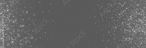 Silver glitter design with magic light effect. White sparkling border for greeting card, invitation, banner. Holiday glowing particles. Christmas luxury dust. Celebration sparks. Vector illustration.