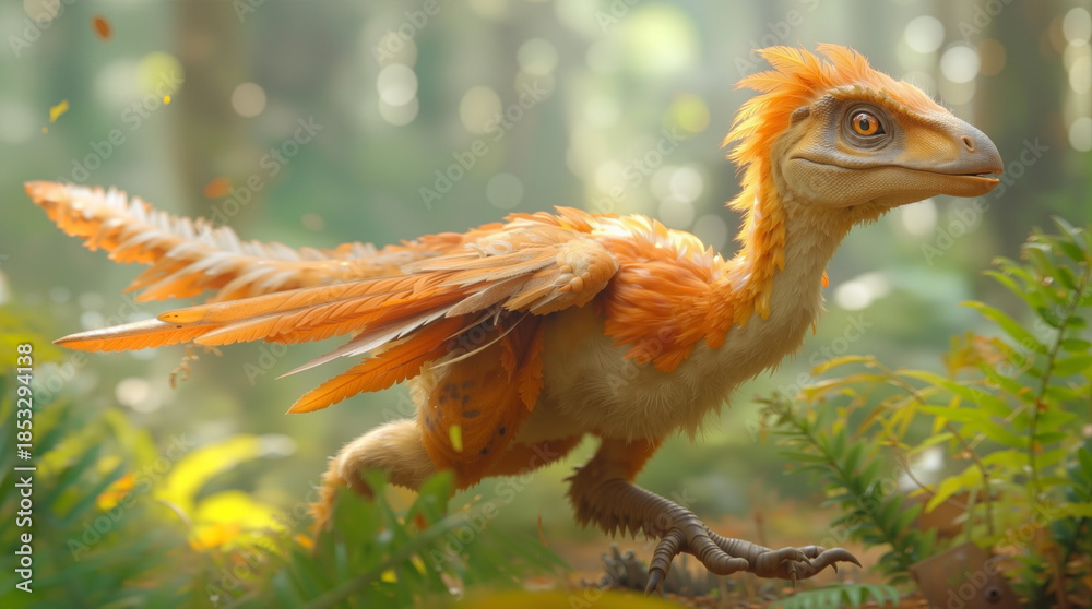 Obraz premium A bright orange dinosaur moves through a forest filled with tall trees and ferns. Sunlight filters through the leaves, and the dinosaur appears curious as it explores its surroundings