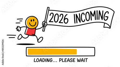 Joyful character runs with a banner announcing 2026 while a loading bar shows excitement for the new year ahead