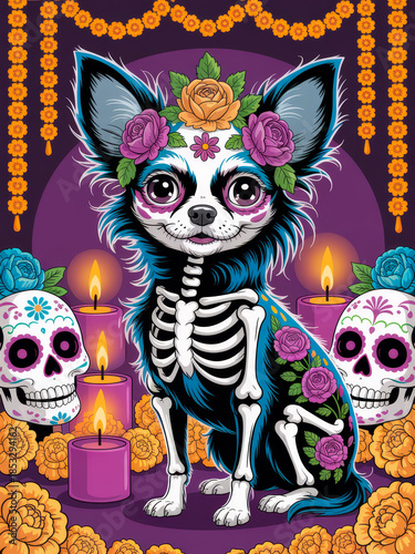 Cute chihuahua adorned with flowers and skeleton design, surrounded by candles and sugar skulls in a vibrant setting, perfect for a festive celebration or artistic expression