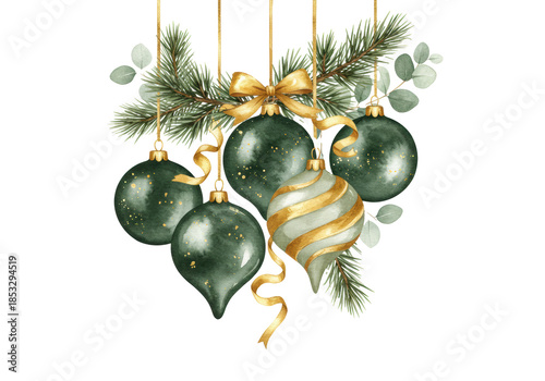 refined cluster of watercolor christmas baubles in deep emerald and sage, with shimmering gold accents, pine, and eucalyptus foliage, suspended on white. luxury holiday concept