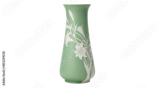 Green ceramic vase with lily design isolated PNG, decorative pottery for home decor and floral arrangements on transparent background