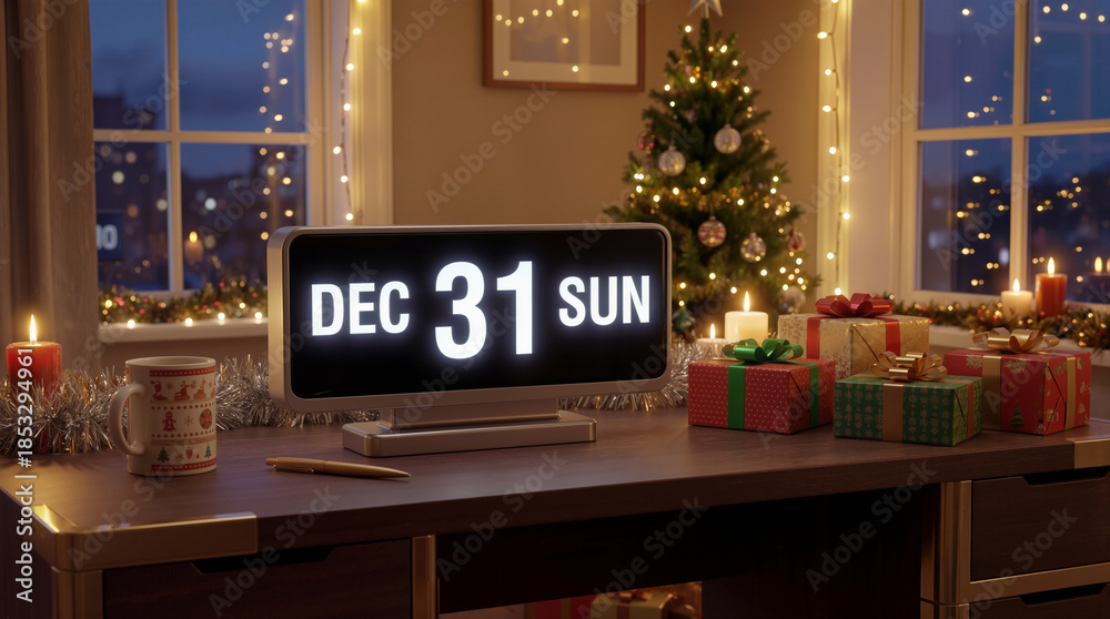 Fototapeta premium A clock displays December 31 on a sunny day. The scene features a Christmas tree with lights, holiday gifts, candles, and a warm drink on a table, creating a festive atmosphere in the room