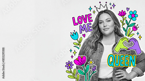 Confident woman embracing body positivity with colorful stickers  