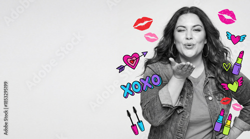 Smiling woman blowing a kiss with colorful stickers in the background  