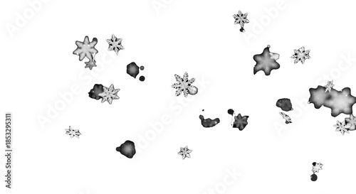 hyper-realistic, intricately structured transparent snowflakes falling dynamically against a pitch-black void background with strong circular bokeh. concept of winter holidays magic