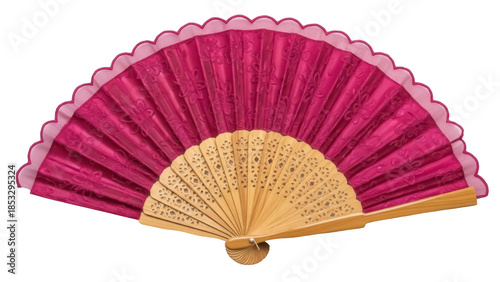 Tableau sur toile Elegant magenta hand fan with floral pattern isolated PNG, traditional Asian acc