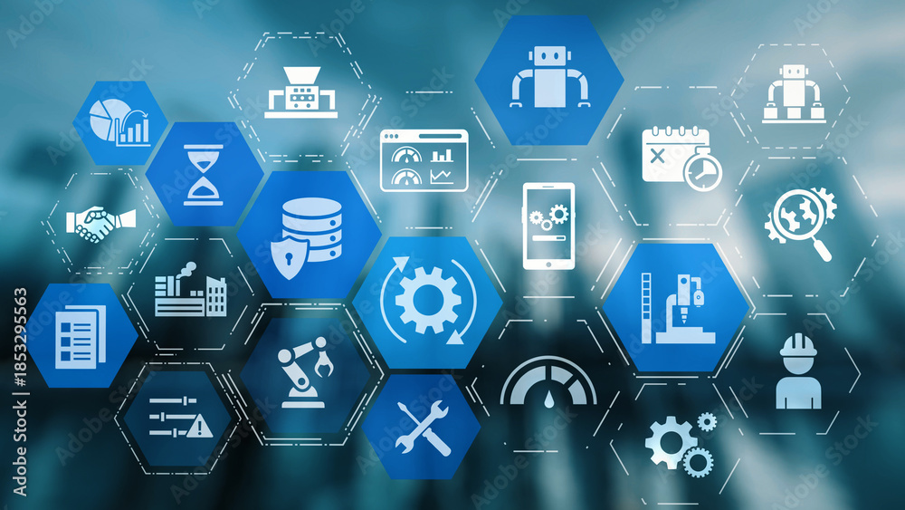 Naklejka premium Predictive maintenance icons for industry, automation, smart factory and manufacturing showing data analysis, monitoring, robotics and system optimization with advanced maintenance solutions. Gist