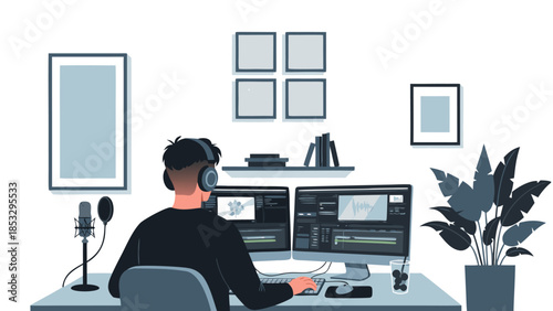 Man working on a computer with headphones and microphone at a desk with monitors and plants in a modern room