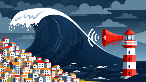 Tsunami warning system with lighthouse broadcasting alert to coastal city under a massive breaking wave