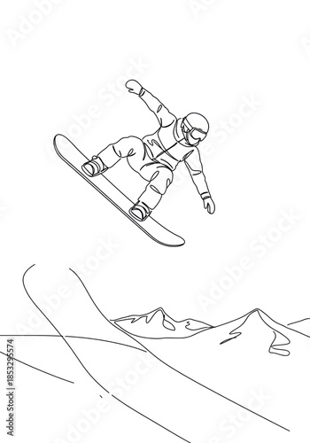 Stylized continuous line drawing of an athletic snowboarder in a helmet performing a dynamic inverted grab, isolated high-key illustration, concept of exhilarating freedom and motion