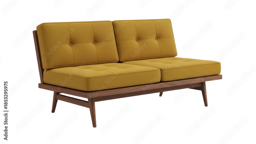 Fototapeta premium Mid-century modern mustard yellow loveseat isolated PNG, stylish two-seater sofa with tufted cushions for living room decor