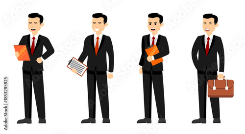 Set of four cartoon businessman characters in black suits and red ties, standing in various poses with folders, a clipboard, and a briefcase.