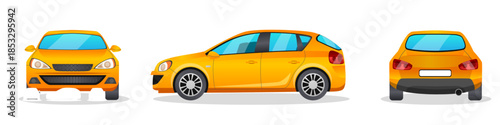 Modern yellow hatchback car illustration set, showing front, side, and rear views of the vehicle.