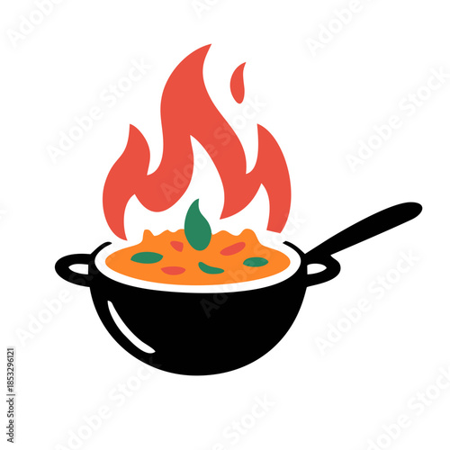 Flaming hot spicy curry cooking in a black wok pan, a vibrant flat vector icon