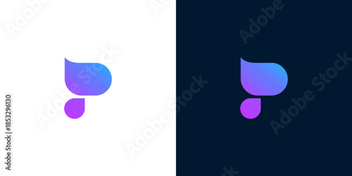 Abstract minimal gradient logo design in purple and blue hues against white and dark backgrounds, representing modern branding and digital identity