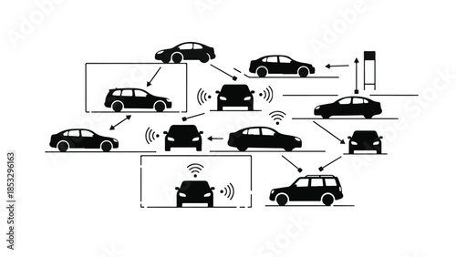 Autonomous vehicles communicating with each other and infrastructure in smart city, connected cars network, V2V and V2I technology, black and white illustration