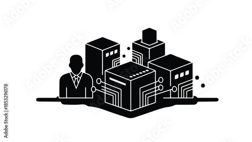 Professional businessman standing in front of modern cityscape with technology buildings urban landscape illustration for business finance concept