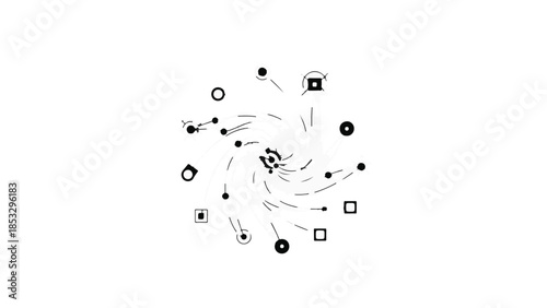 Geometric shapes and symbols scattered in circular motion on white background, abstract illustration for design and creativity concepts