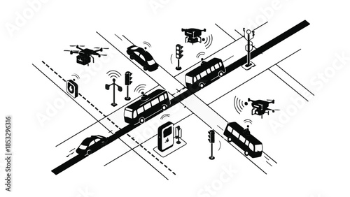 Urban transportation hub with buses, cars, and drones intersecting at a road junction, modern city infrastructure illustration