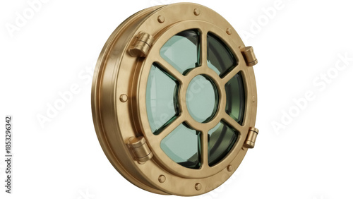 Gold nautical porthole PNG isolated on transparent background, vintage ship window with glass and metal frame for maritime decoration