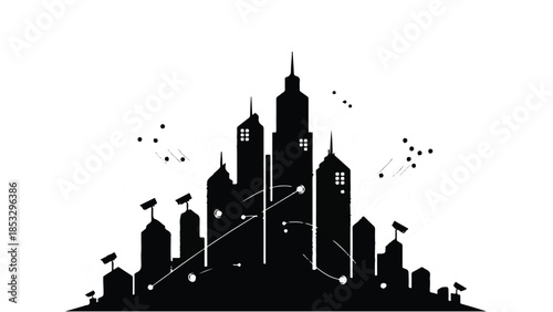 City skyline silhouette, urban landscape, modern cityscape with skyscrapers and buildings, nighttime, black and white, illustration