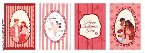 Set of Valentine Day postcards. 14 February greeting cards templates with couple in love in decorative pink frames with hearts, ribbons and stripes. Flat vector illustrations.