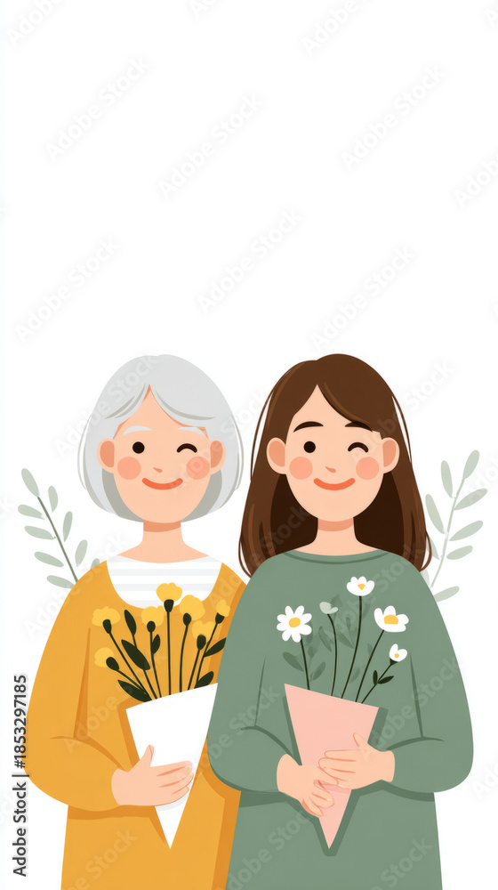 Naklejka premium Joyful older women enjoying time at flower shop holding bouquets