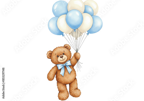 Watercolor illustration of a plush brown teddy bear floating happily upwards, holding light blue and ivory balloons on a white background with copy space, charming baby shower concept
