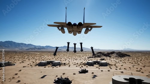 Wallpaper Mural Dramatic Aerial View of a Fighter Jet Conducting a Bombing Run Over a Desert Landscape Torontodigital.ca