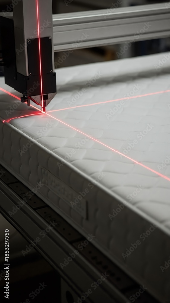 Obraz premium Automated machine with laser guidance manufacturing mattress in factory. Vertical photo of industrial robot working with precision on quilted bed. Modern bedding production and technology