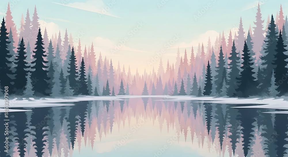 Fototapeta premium Tranquil pine forest reflecting over lake in soft pastel hues