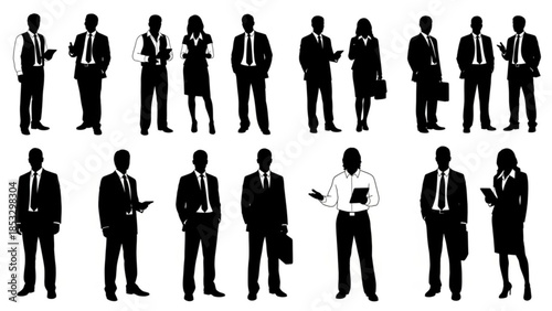 Collection of business people silhouettes in various poses and outfits