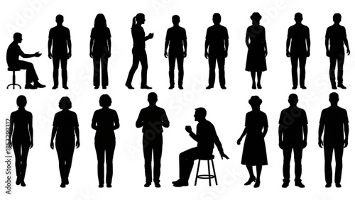 Collection of various people silhouettes in different poses and outfits