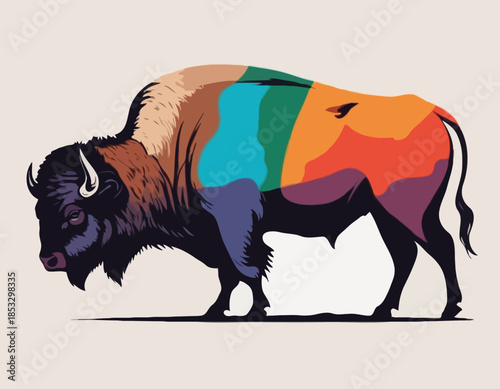buffalo, bison, bull, cow in illustration in brush stroke painting
