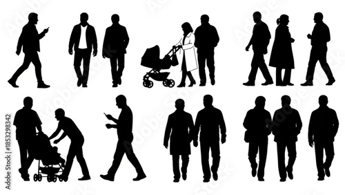Collection of black silhouettes of people walking and pushing strollers