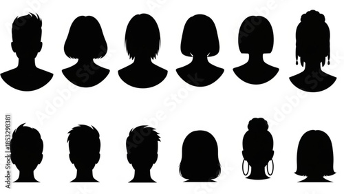 Collection of various black silhouettes of peoples heads and hairstyles