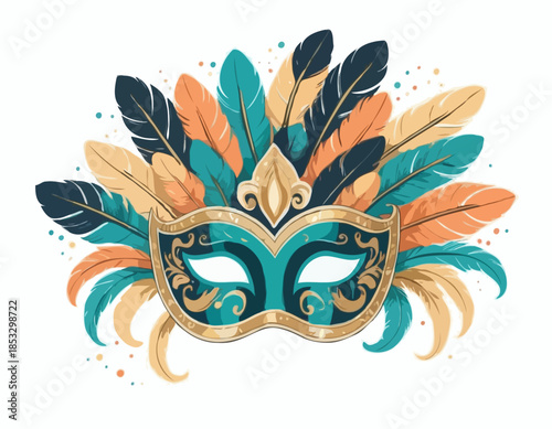 Elegant Hand-Drawn Venetian Mask with Feathers for Carnival and