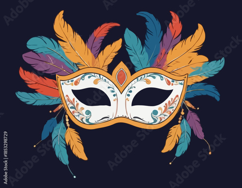 Elegant Hand-Drawn Venetian Mask with Feathers for Carnival and