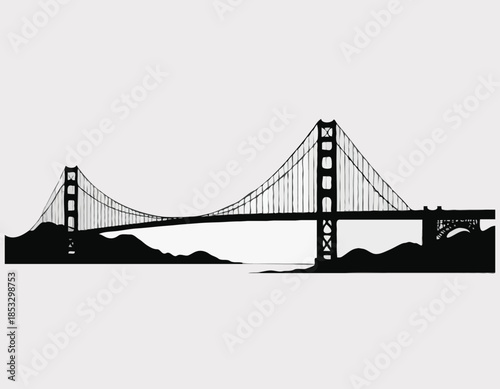 Golden Gate Bridge in black and white illustration on a white ba